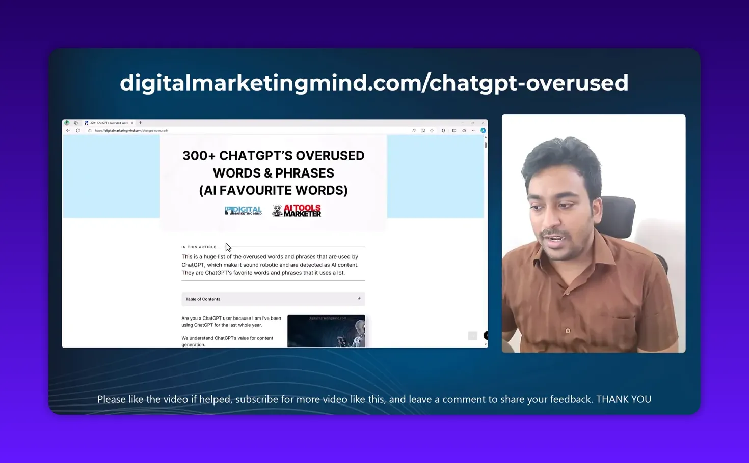 Website screenshot showing '300+ CHATGPT'S OVERUSED WORDS & PHRASES' title with presenter video thumbnail