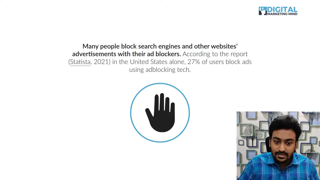 Slide showing ad blocker statistic with a stop-hand icon and presenter in corner