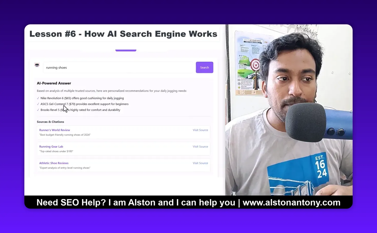 Crisp split-screen screenshot: AI search interface showing an 'AI-Powered Answer' for 'running shoes' with three sources and 'Visit Source' links on the left; presenter with microphone on the right.