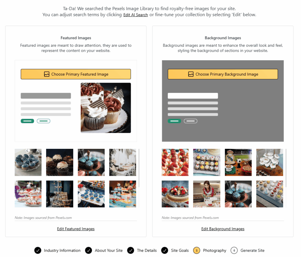 Website builder tool with options to choose featured and background images Website builder tool with options to choose featured and background images