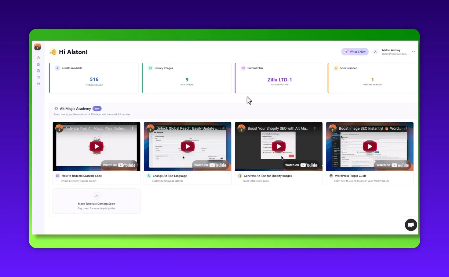 Alt Magic dashboard showing available credits, library images and tutorial video cards