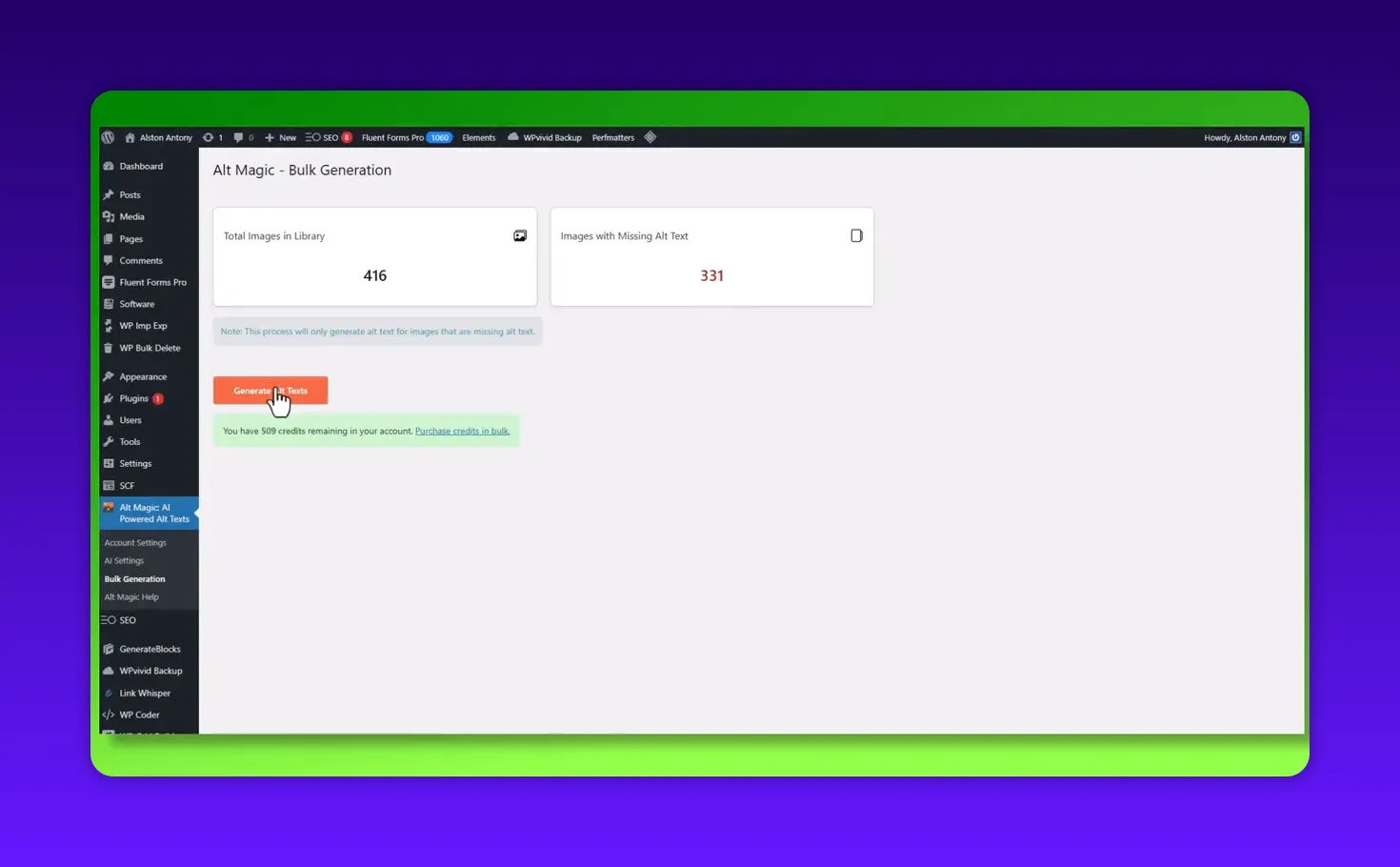 Alt Magic bulk generation screen with cursor clicking the 'Generate Alt Texts' button, showing total images and missing alt text count