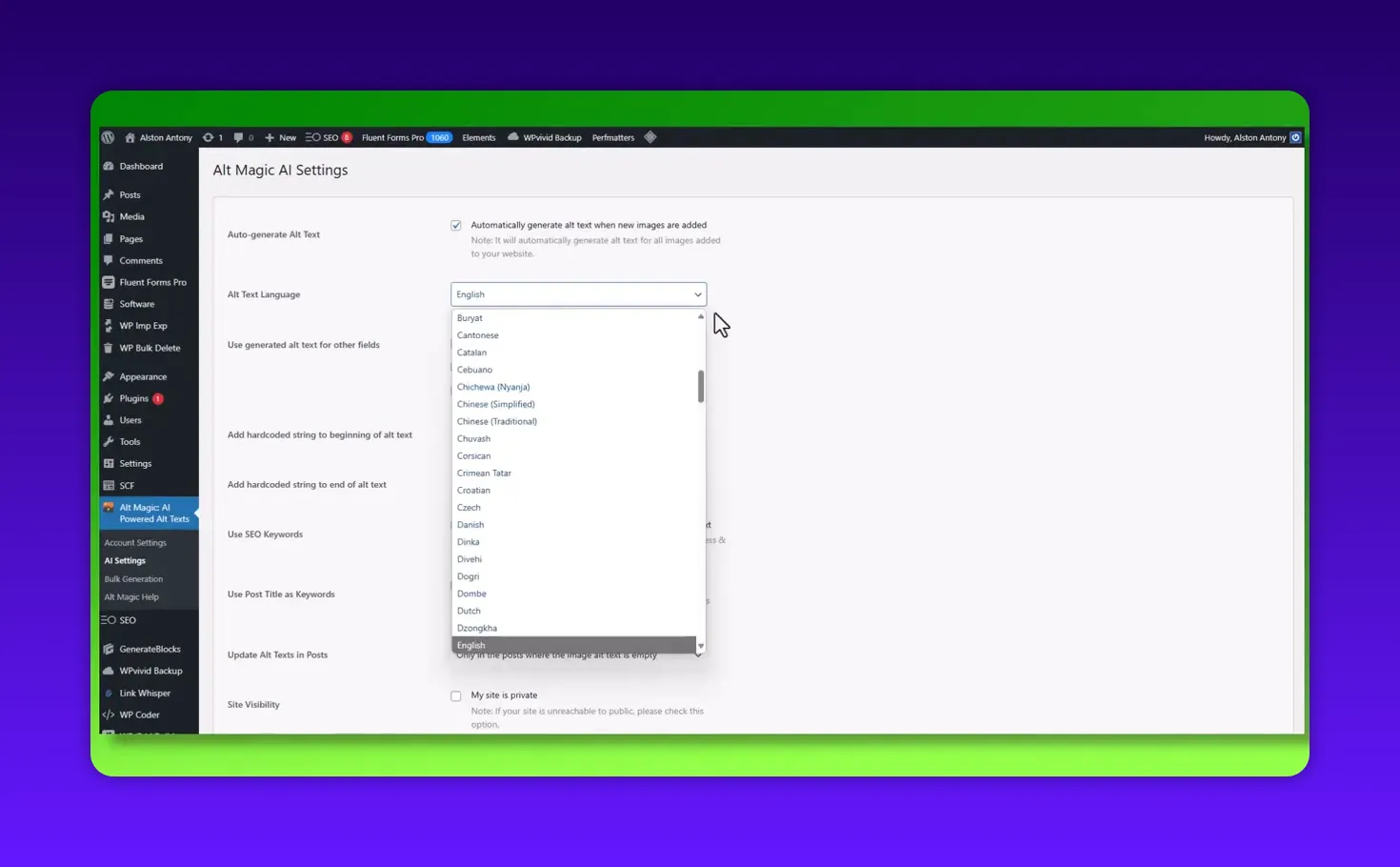 Alt Magic settings with language dropdown open showing a list of languages