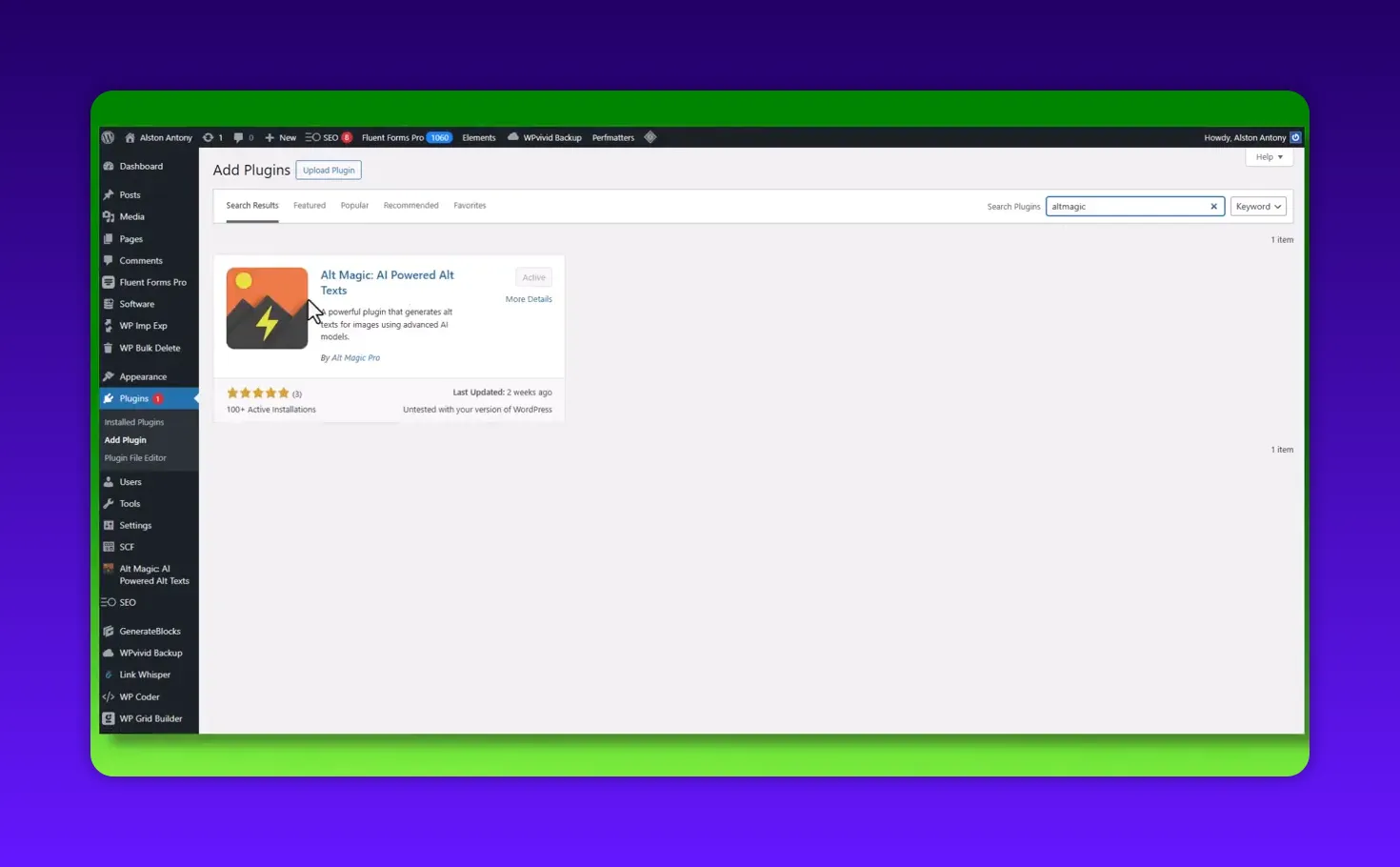 Alt Magic AI Powered Alt Texts plugin shown in WordPress plugin search results