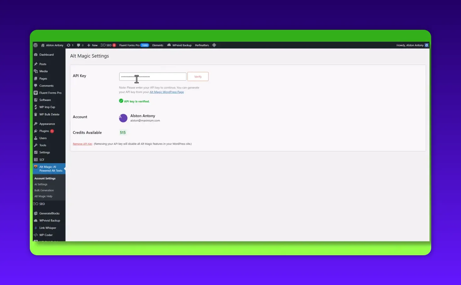 Alt Magic settings in WordPress showing API key field, Verify button and verified status