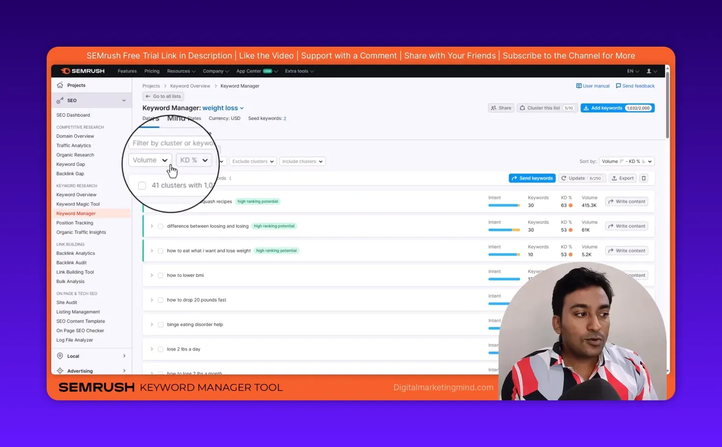 SEMrush Keyword Manager filter controls with Volume and KD% drop-downs magnified and cursor on Volume