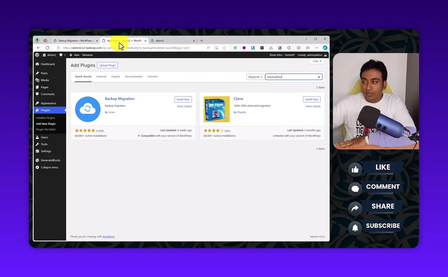 Add Plugins search results showing Backup Migration with an Install Now button