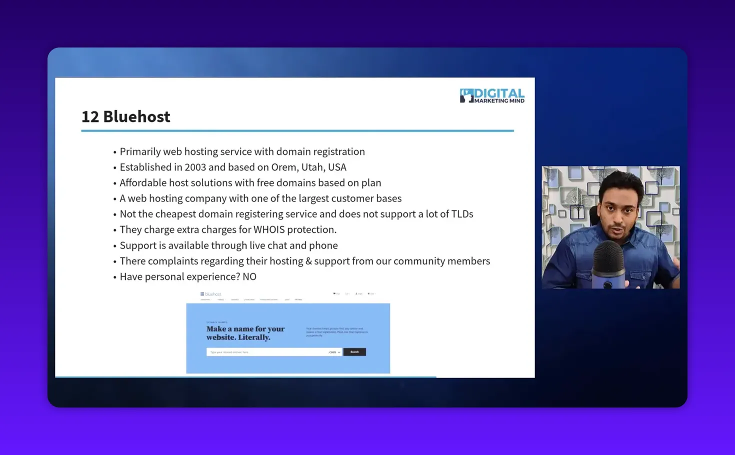 High-clarity presentation slide '12 Bluehost' showing readable bullet points on Bluehost features and a small presenter inset on the right.