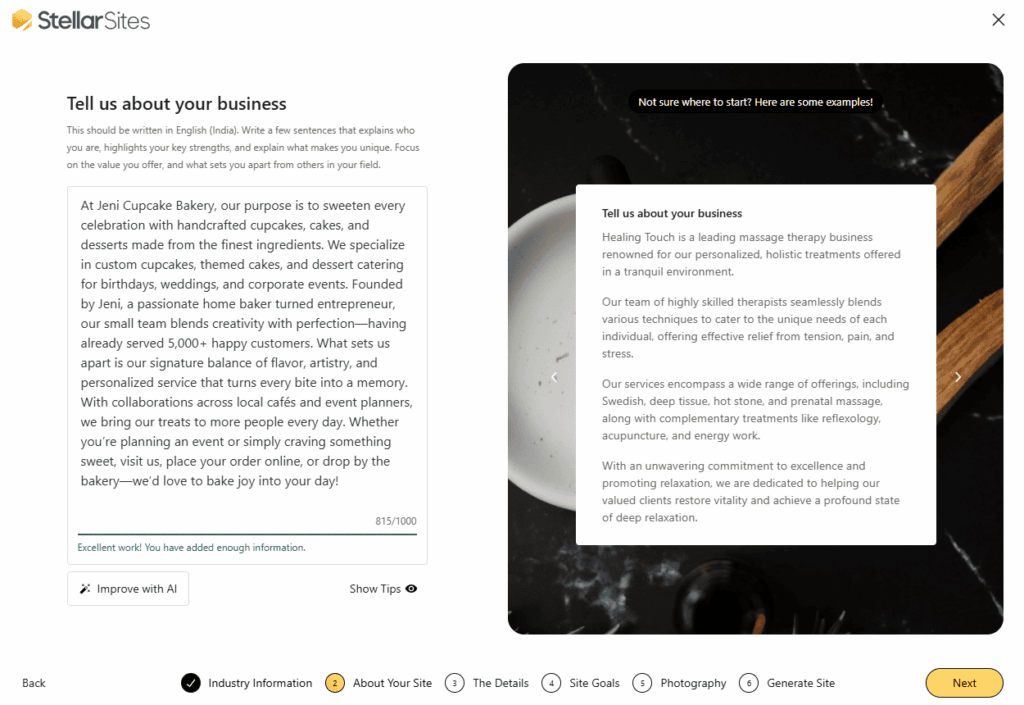 StellarSites website builder interface showing a user creating a website. StellarSites website builder interface showing a user creating a website.