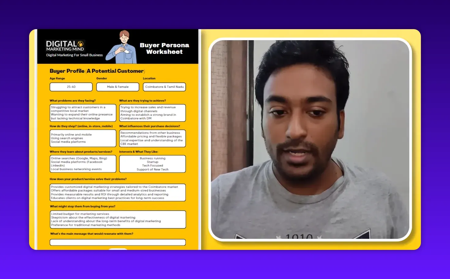 Buyer persona worksheet on the left with the 'What might stop them from buying from you?' field visible and filled; presenter explaining on the right.
