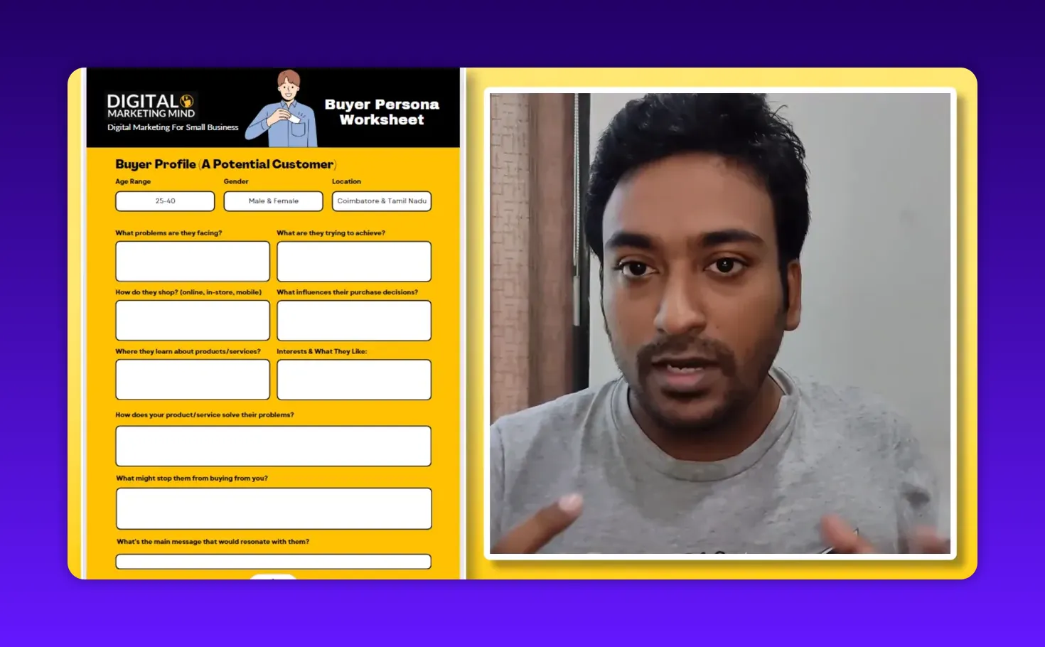 Buyer persona worksheet on the left and presenter gesturing on the right, clear view of worksheet fields for problems and goals