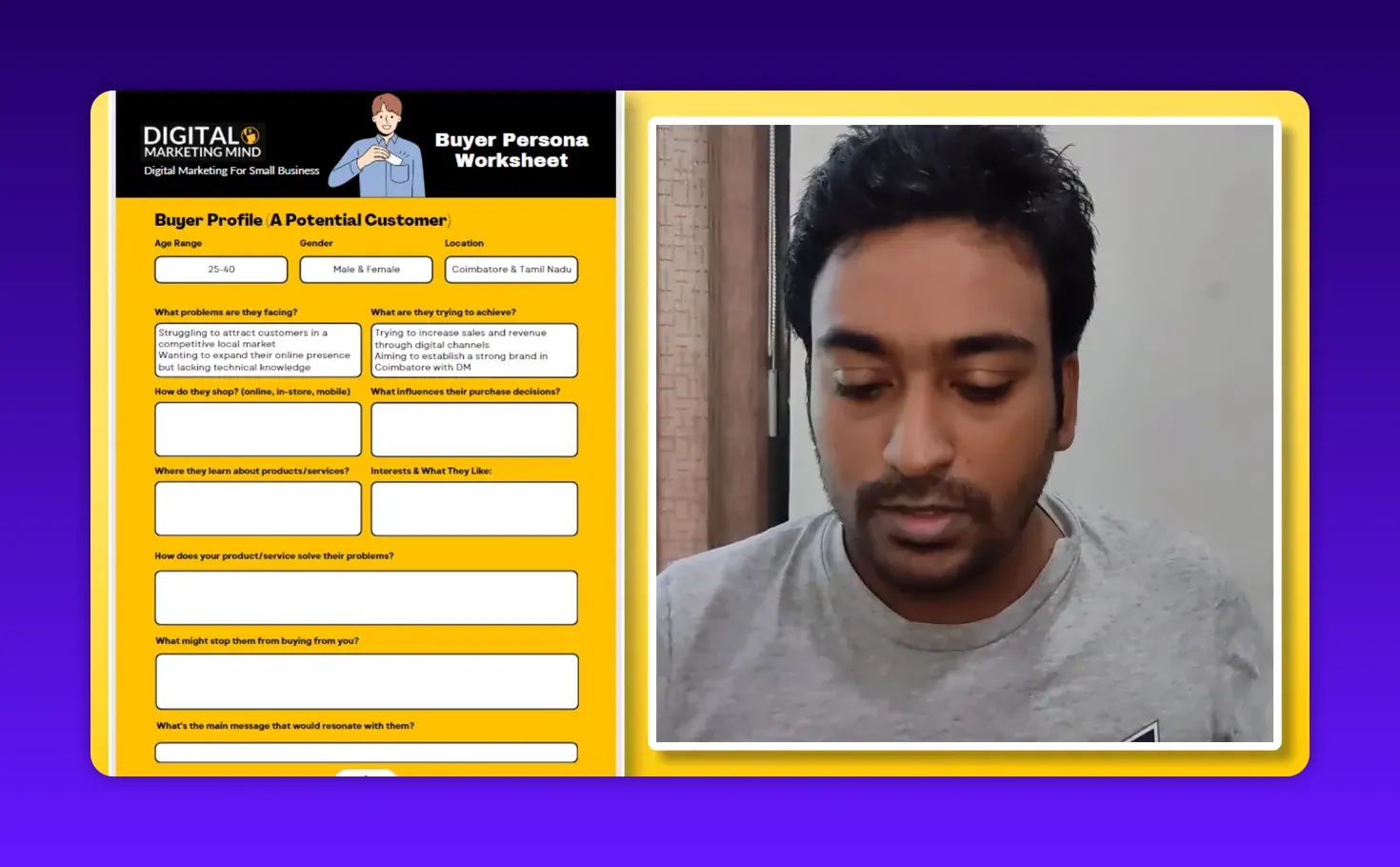 Clear view of buyer persona worksheet highlighting 'How do they shop?' and 'What influences their purchase decisions?' alongside presenter