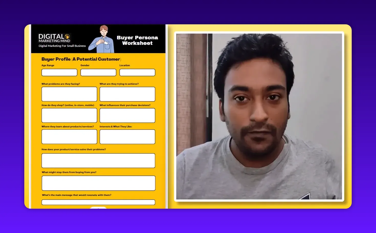 Buyer persona worksheet template visible next to presenter in video screenshot