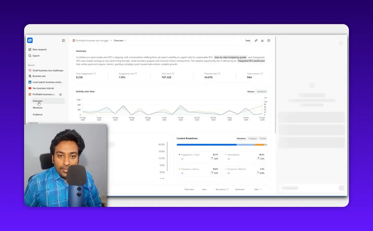 BuzzAbout report dashboard showing summary metrics, activity-over-time graph and content breakdown with small presenter webcam overlay.