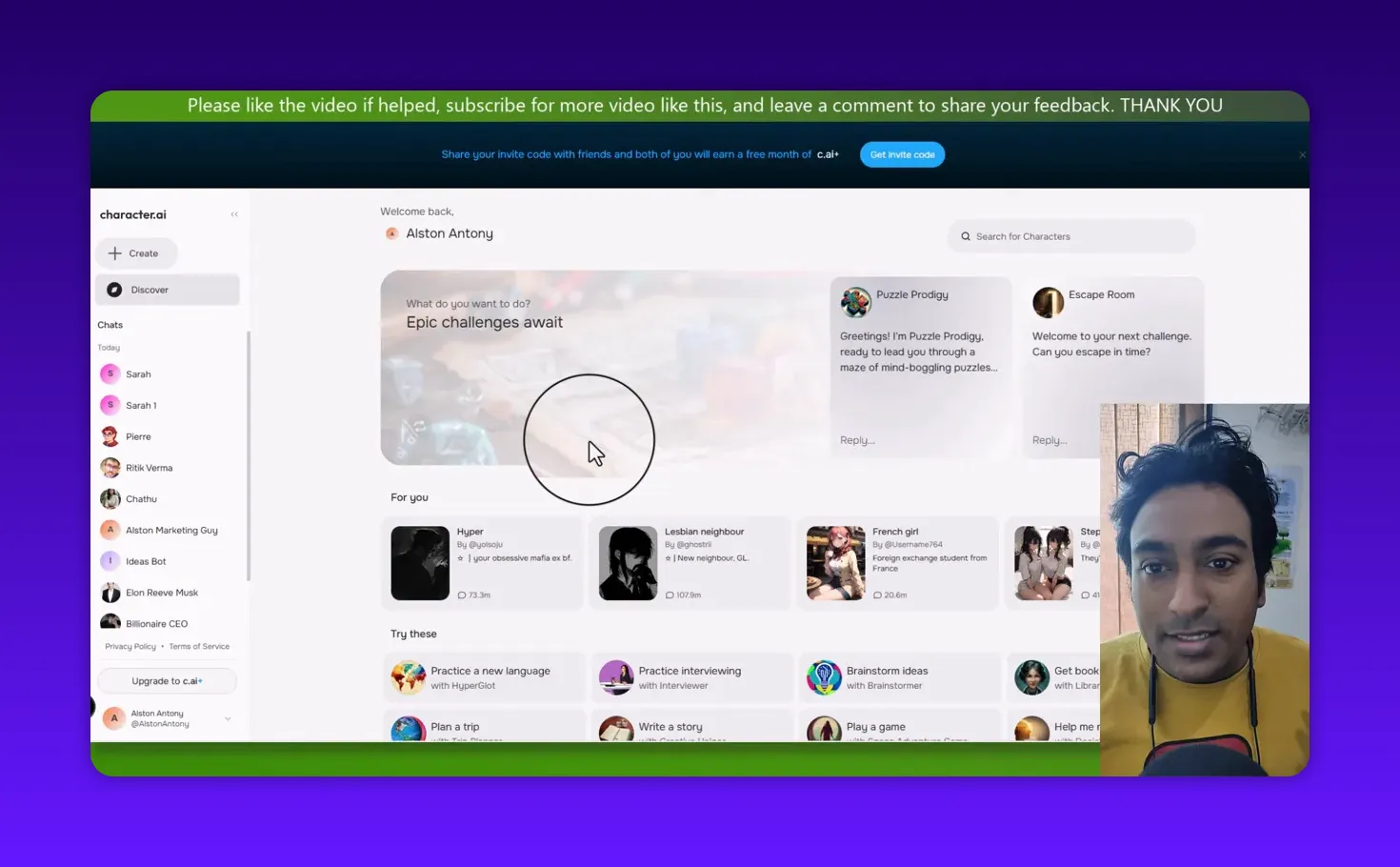 Clear Character.ai discover page screenshot showing character tiles and search, with small presenter inset