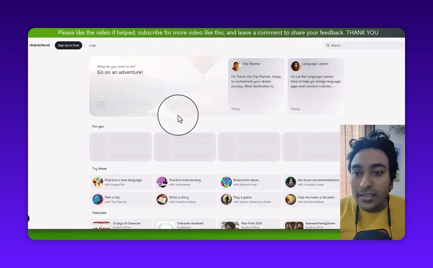 Character.ai homepage showing character cards and a large circular cursor indicator, presenter inset on the right; clear view of the explore gallery.