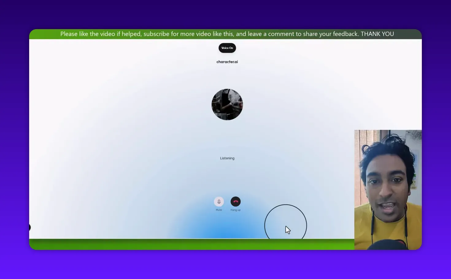 Character.ai call interface showing 'Listening' text, visible mute and hang-up buttons, and a clear presenter webcam on the right.