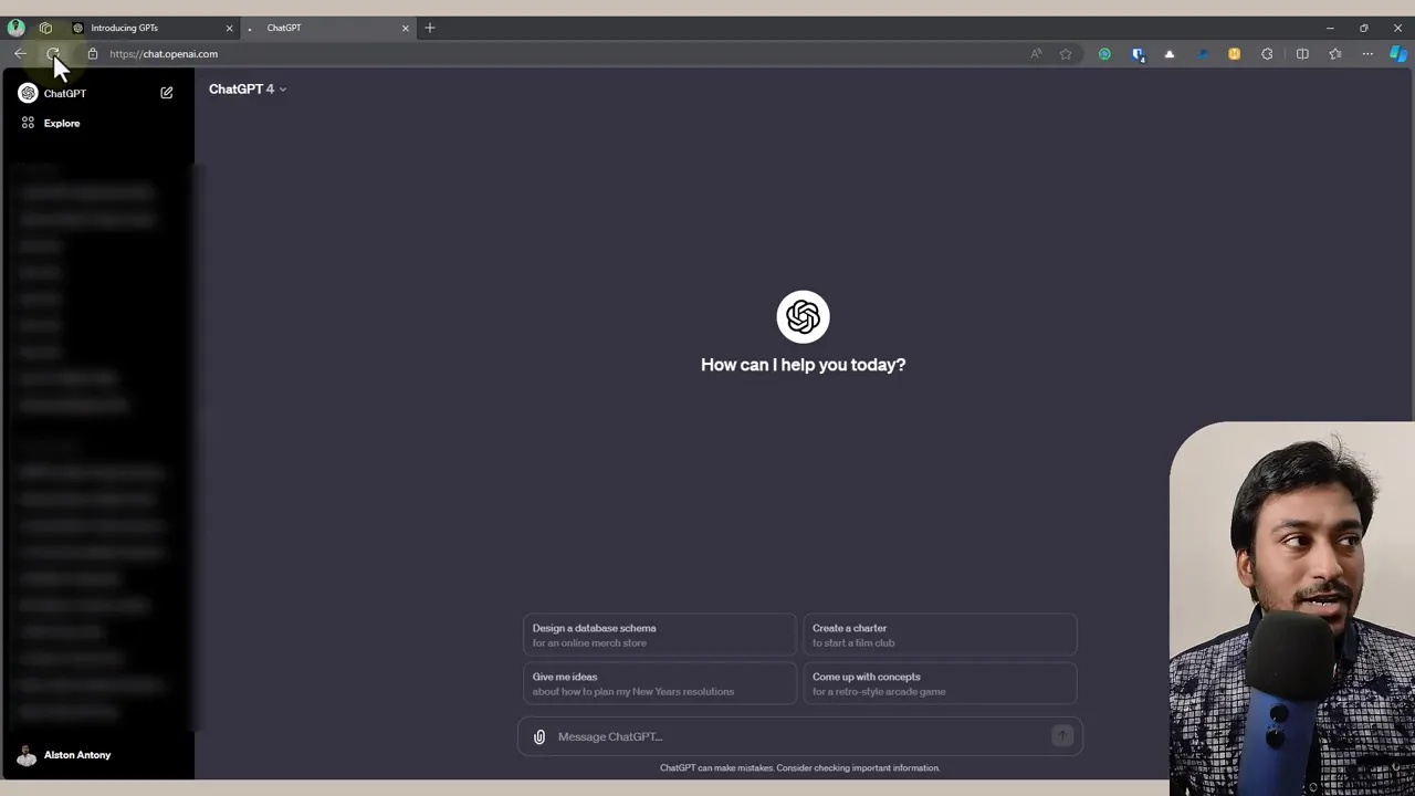 ChatGPT home screen showing the Explore menu and conversation list with presenter video inset