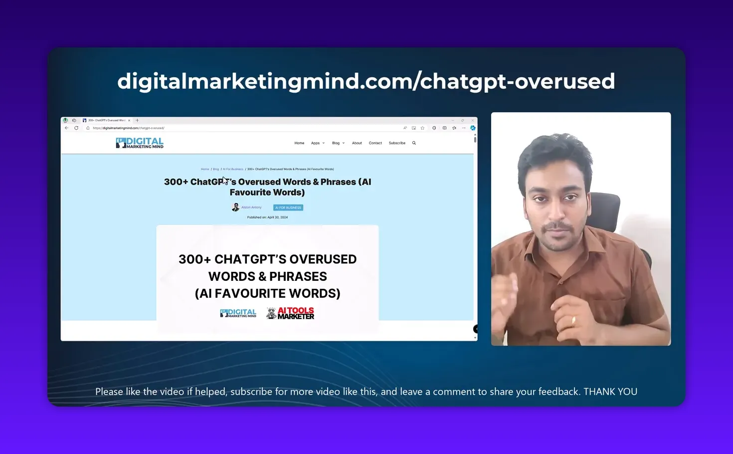 Clear screenshot showing digitalmarketingmind.com/chatgpt-overused with the article title and presenter in a side panel
