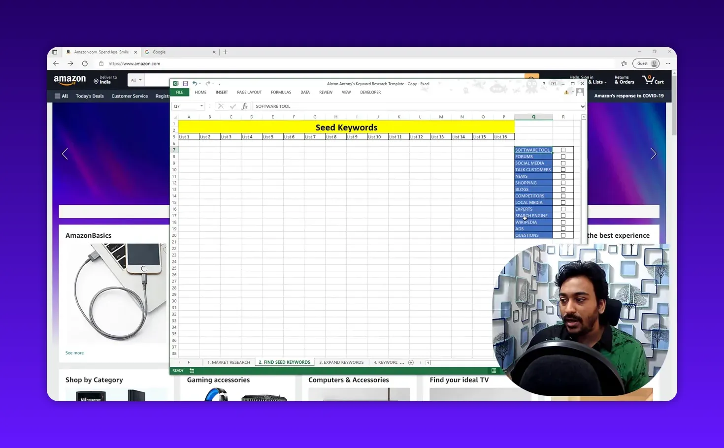 Clear view of seed keywords spreadsheet with labeled lists and source column, presenter visible in corner