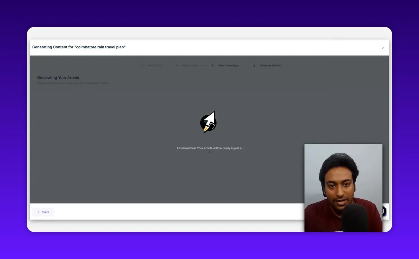 ClickRank AI Content Writer screen showing a full-screen 'Generating Content' / loading overlay for the keyword 'coimbatore rain travel plan' with presenter inset.
