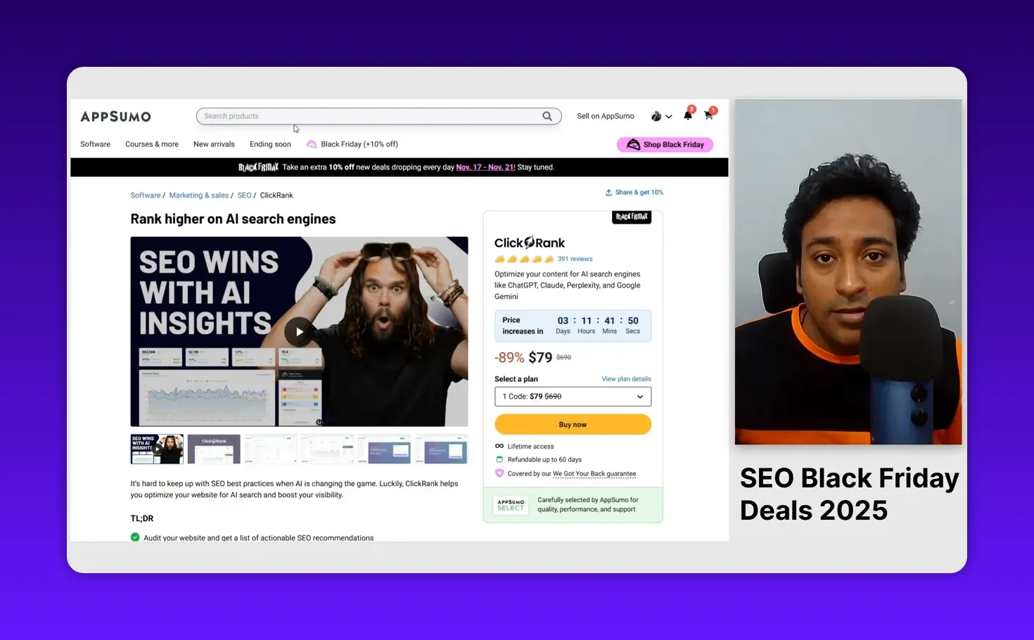 AppSumo ClickRank product page showing -89% $79 price card, countdown and presenter at right