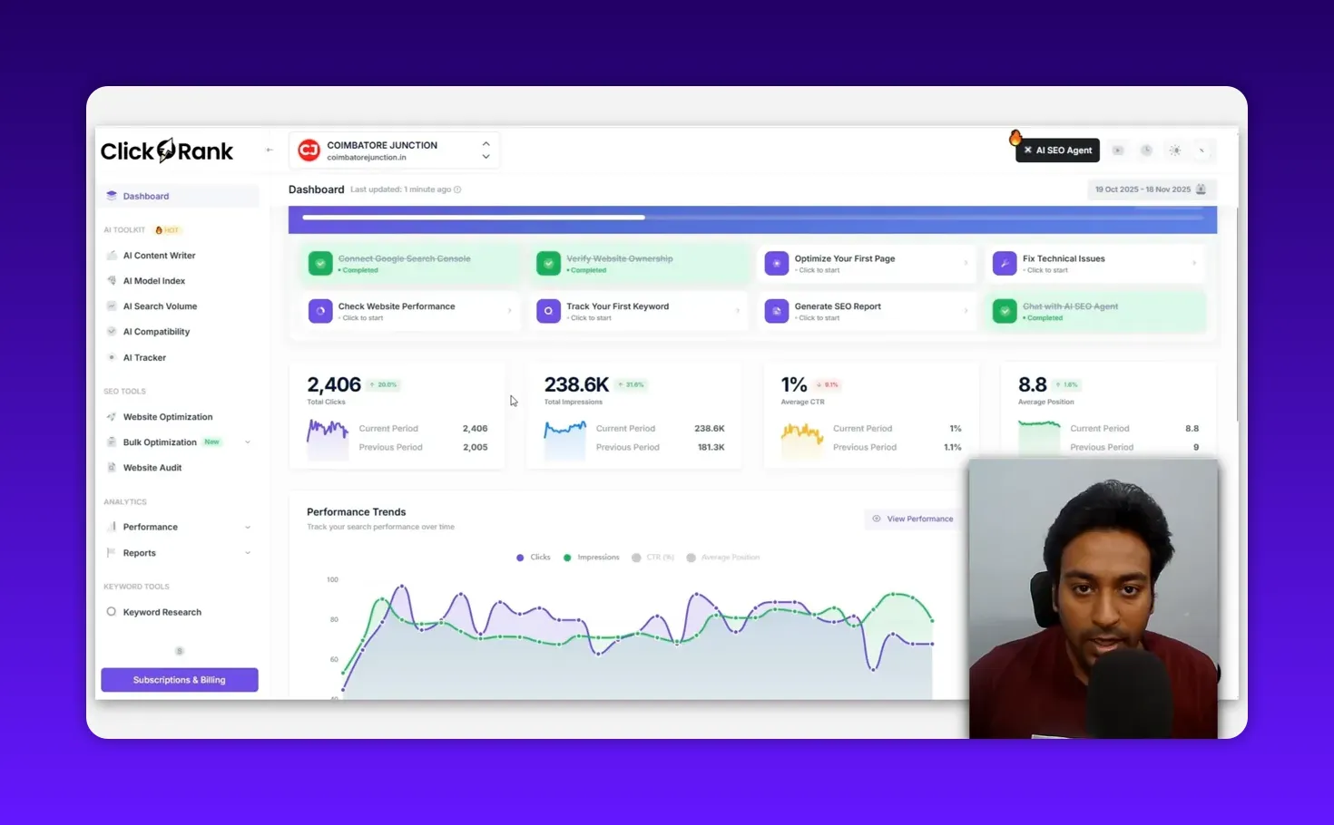 ClickRank dashboard showing cards for total clicks, total impressions, average CTR and a performance trends line chart with presenter overlay