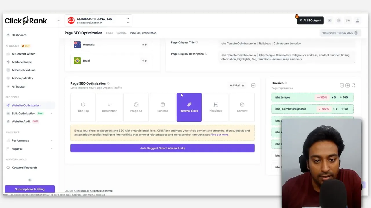 ClickRank Page SEO Optimization screen with Internal Links card highlighted and auto-suggest internal links button, small presenter inset.