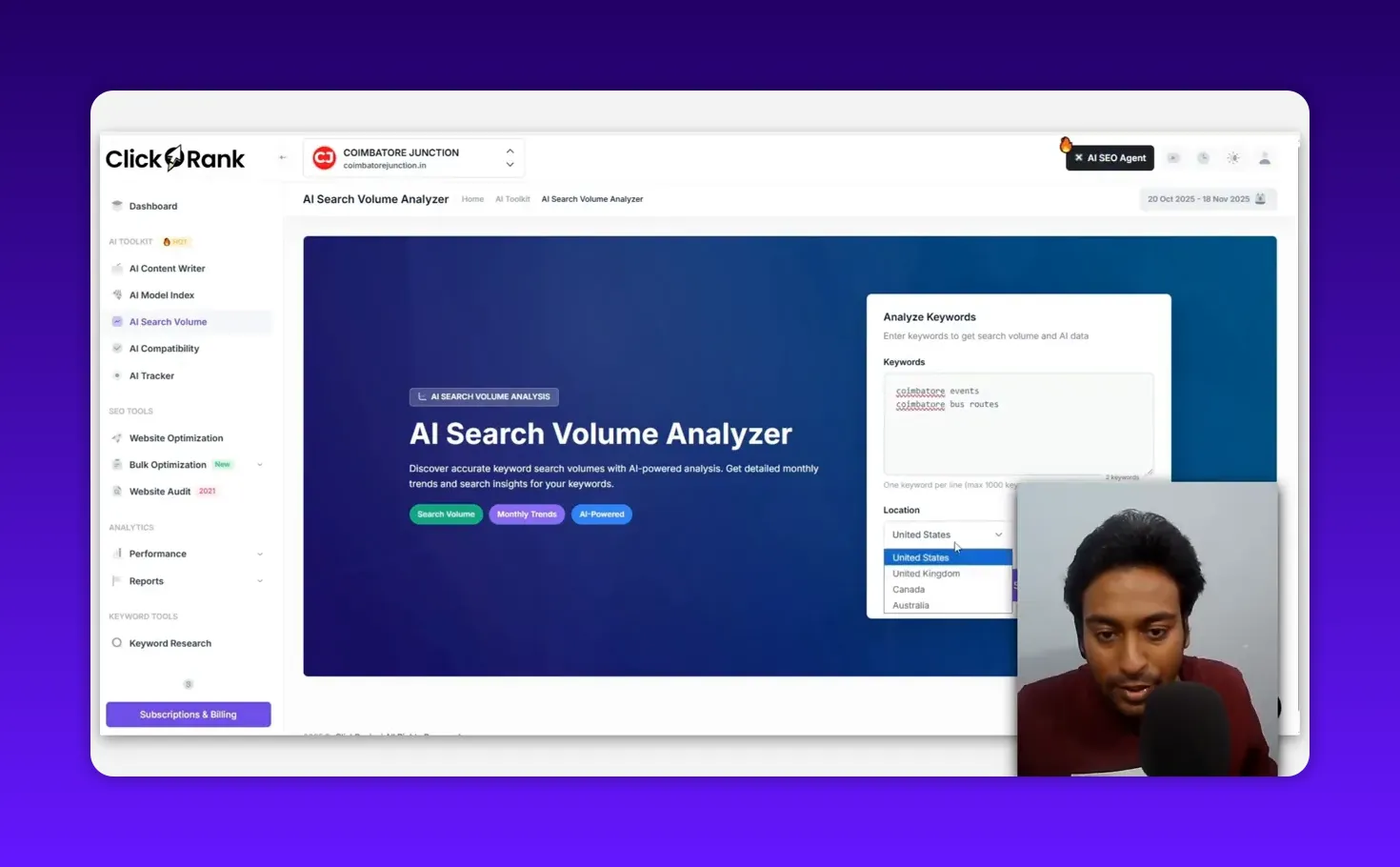 ClickRank AI Search Volume Analyzer screen with the Analyze Keywords panel and an open Location dropdown (United States, United Kingdom, Canada, Australia) visible; presenter webcam overlay in the corner.