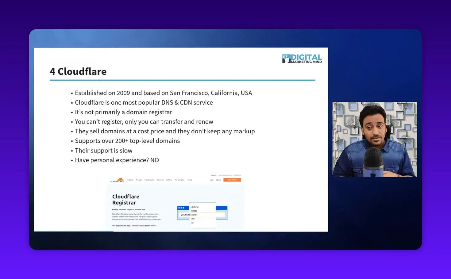 Readable presentation slide '4 Cloudflare' with bullets about transfer-only registration, cost pricing and TLD support; presenter visible in an inset box.