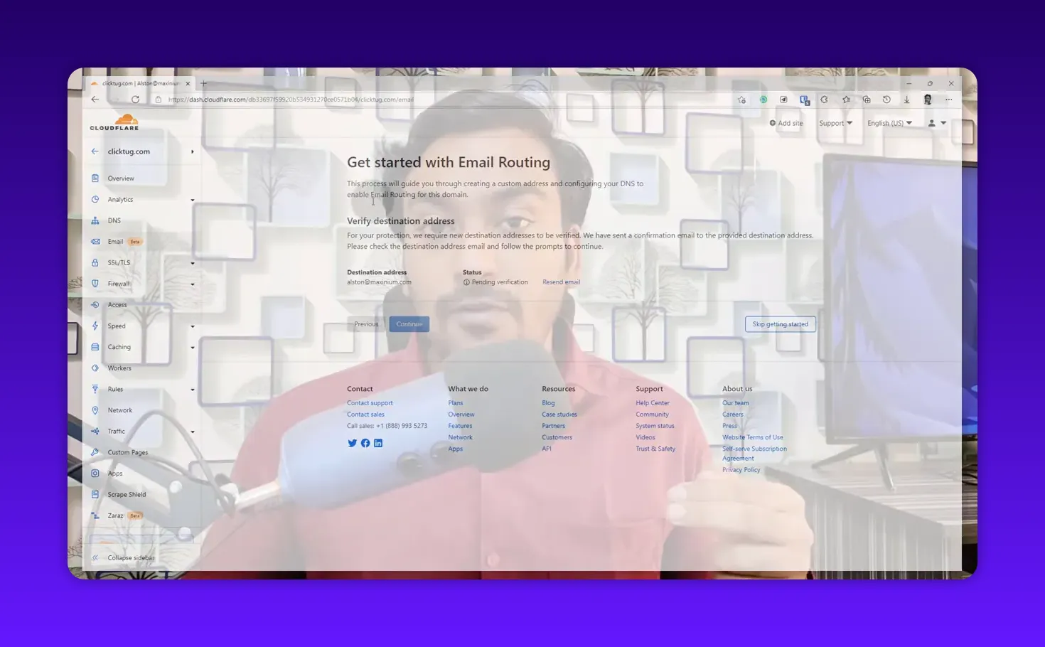 Cloudflare Email Routing 'Verify destination address' screen showing pending verification (overlaid on presenter)