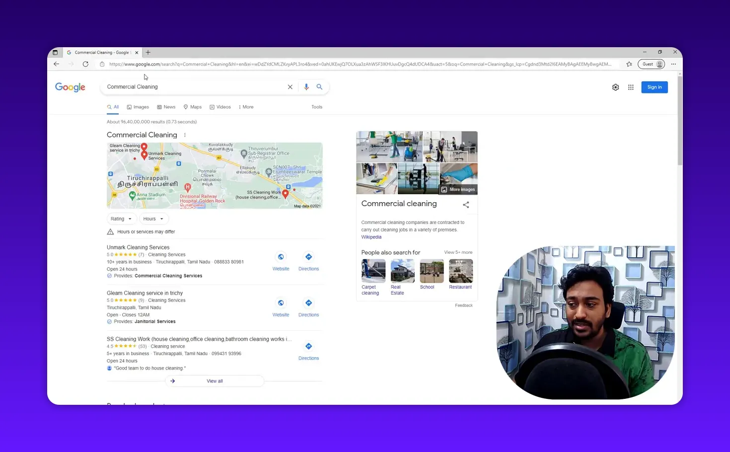 Google search results for 'Commercial Cleaning' showing local map pack, business listings and a knowledge panel