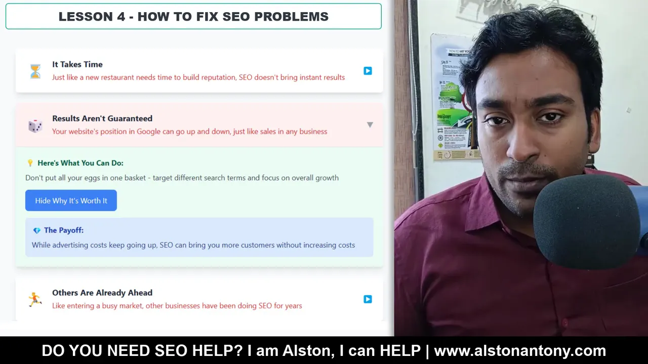 Instructor presenting slide 'Lesson 4 - How to Fix SEO Problems' showing notes like 'It Takes Time', 'Results Aren't Guaranteed' and 'Others Are Already Ahead'.