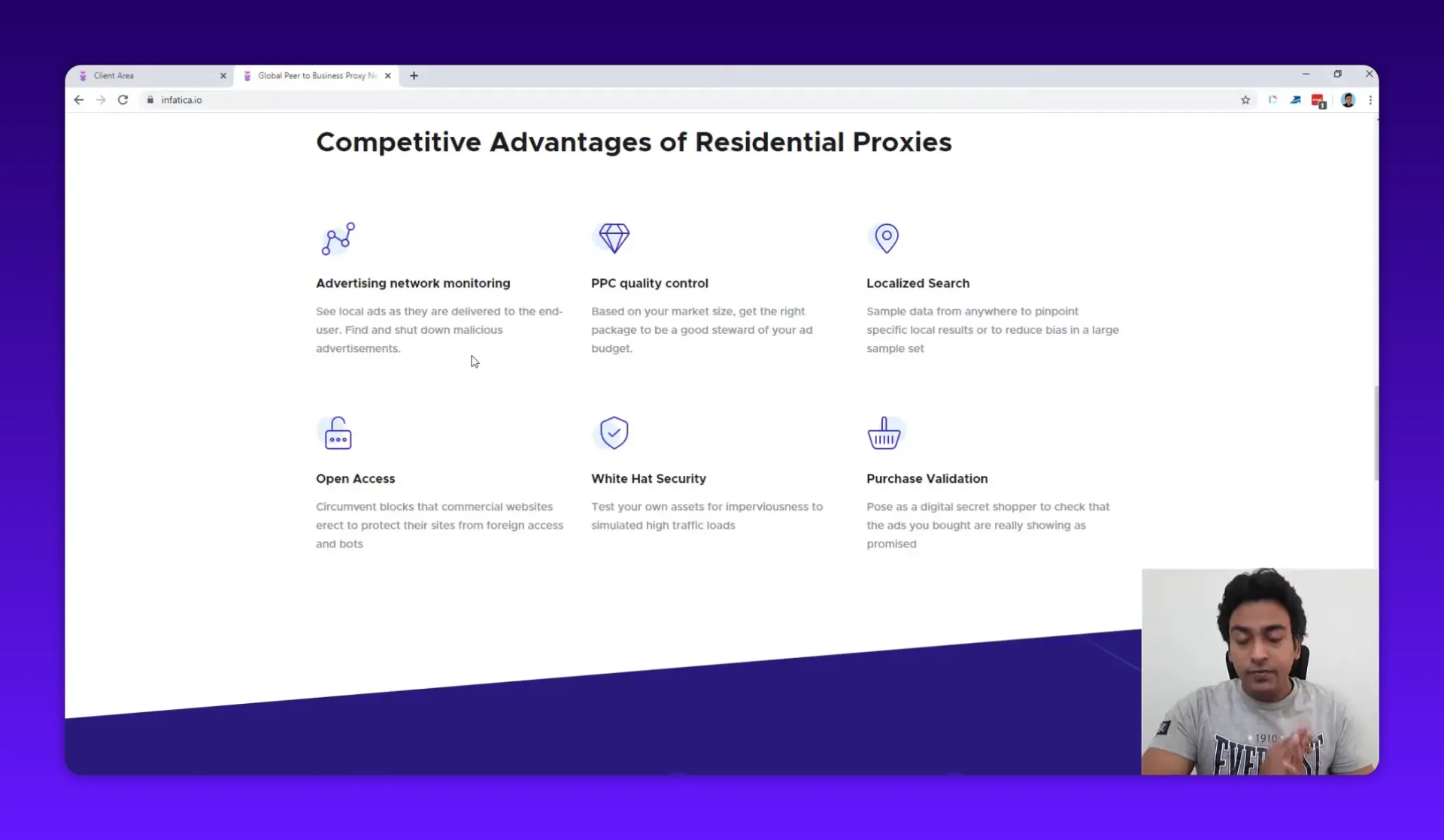 Infatica webpage showing 'Competitive Advantages of Residential Proxies' with icons for use cases