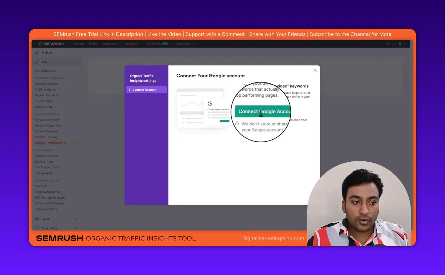 SEMrush Organic Traffic Insights modal with the green 'Connect Google Account' button magnified and highlighted