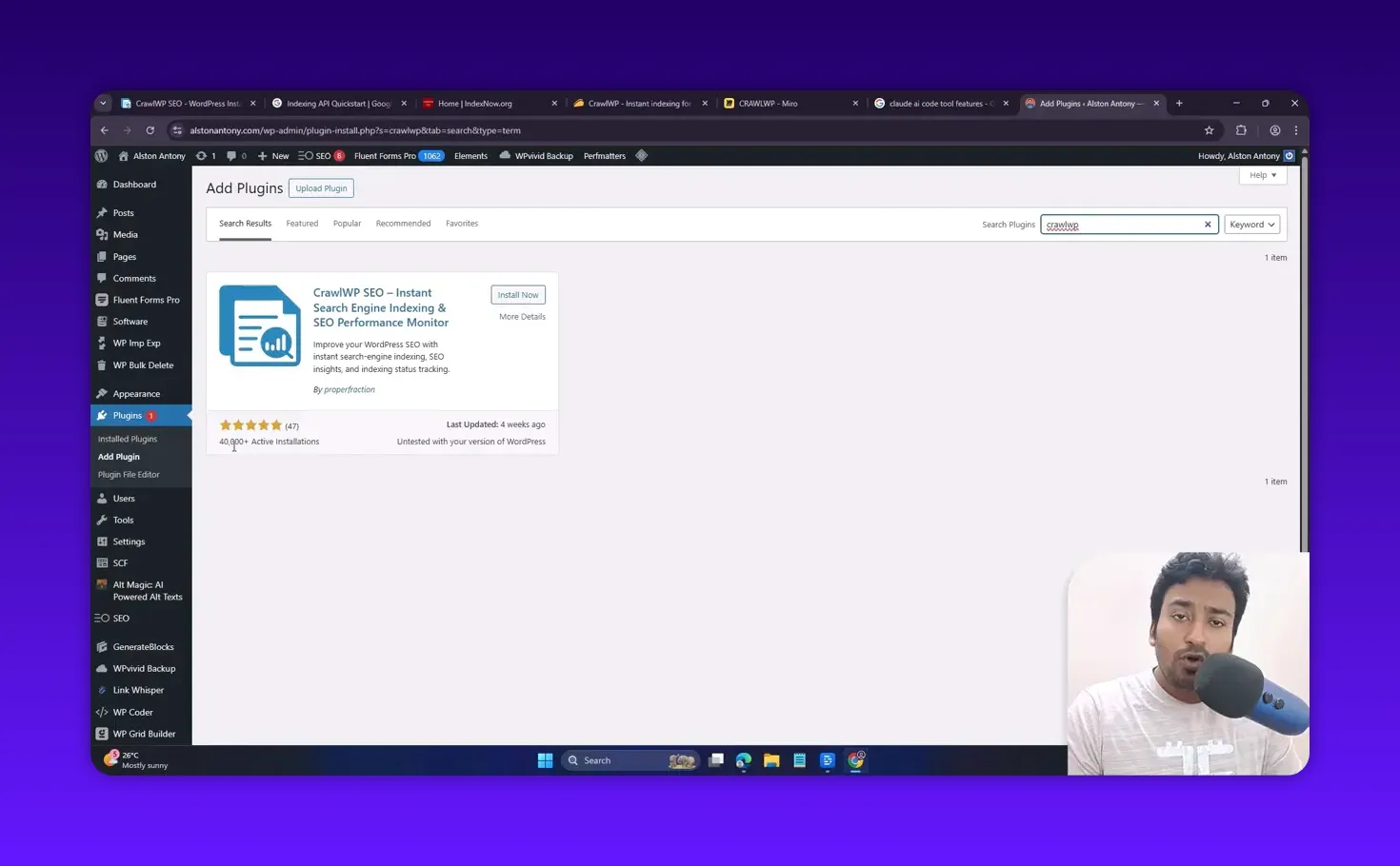 CrawlWP plugin shown in WordPress Add Plugins search results with install button