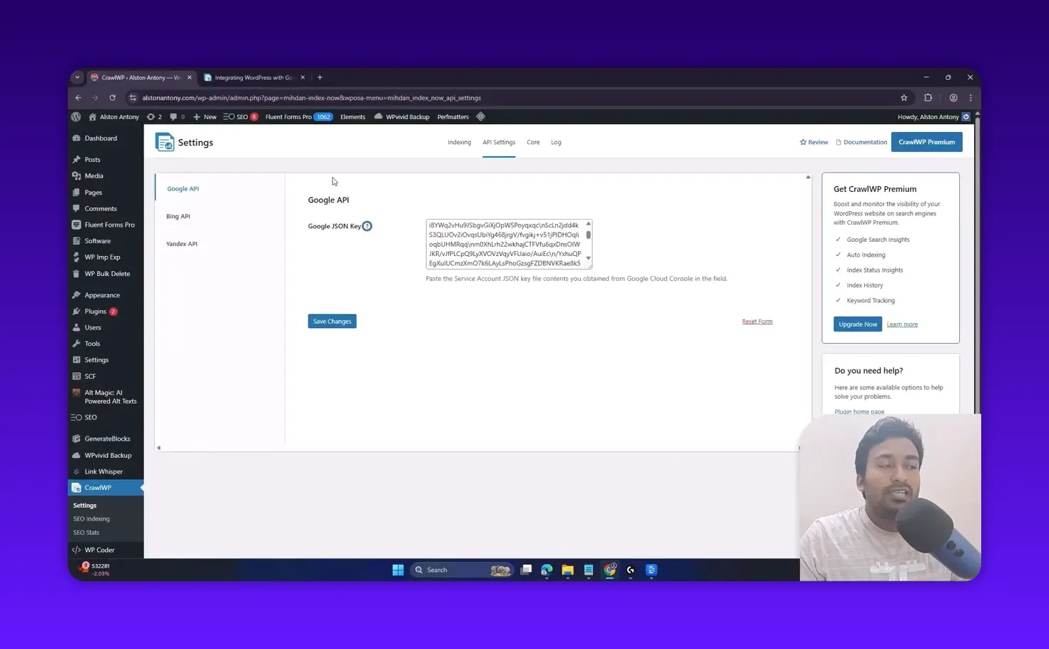 CrawlWP plugin settings page showing the 'Google JSON Key' field with JSON contents pasted and a 'Save Changes' button.