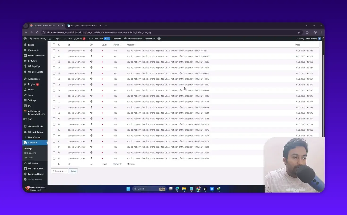 CrawlWP log screen showing repeated 403 'You do not own this site' messages from Google webmaster API