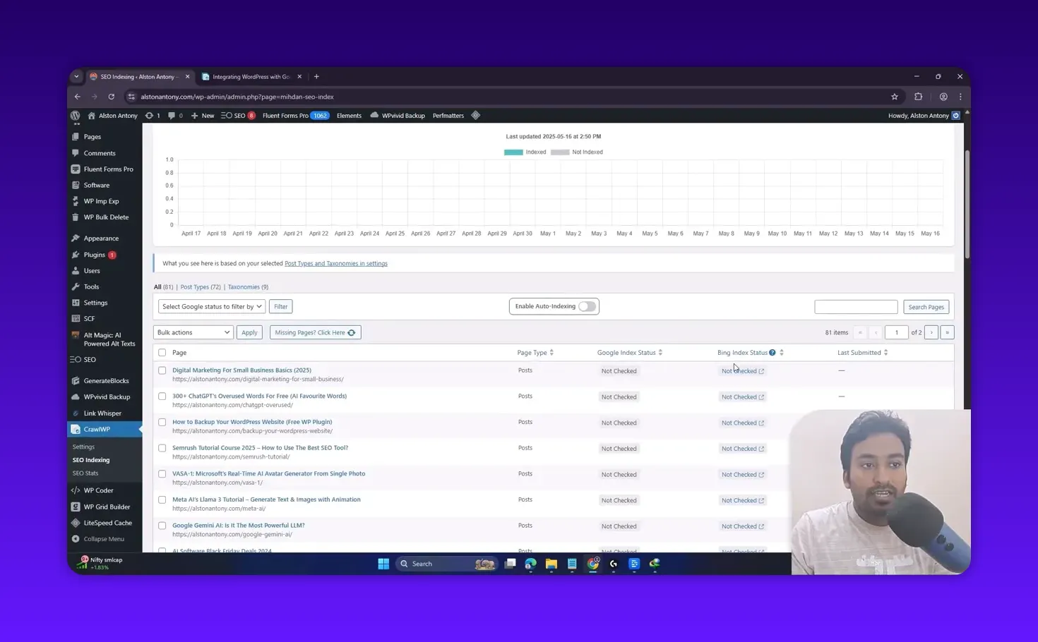 Clear screenshot of the CrawlWP SEO Indexing screen showing the index history chart, the list of pages with Google/Bing index status, and a small presenter video inset.