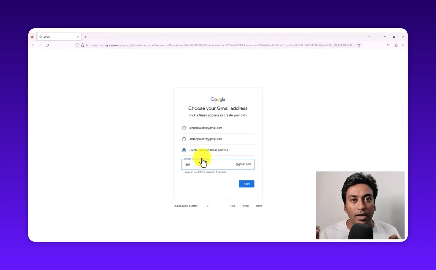 Gmail signup 'Create your own Gmail address' field with cursor entering a custom id
