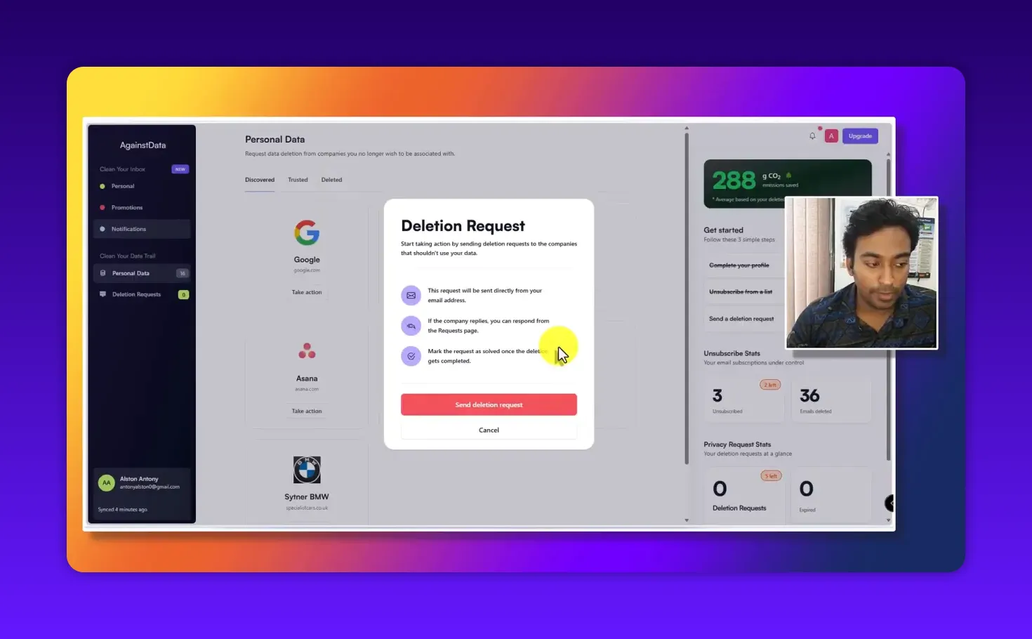 AgainstData deletion request confirmation modal with 'Send deletion request' button and presenter inset