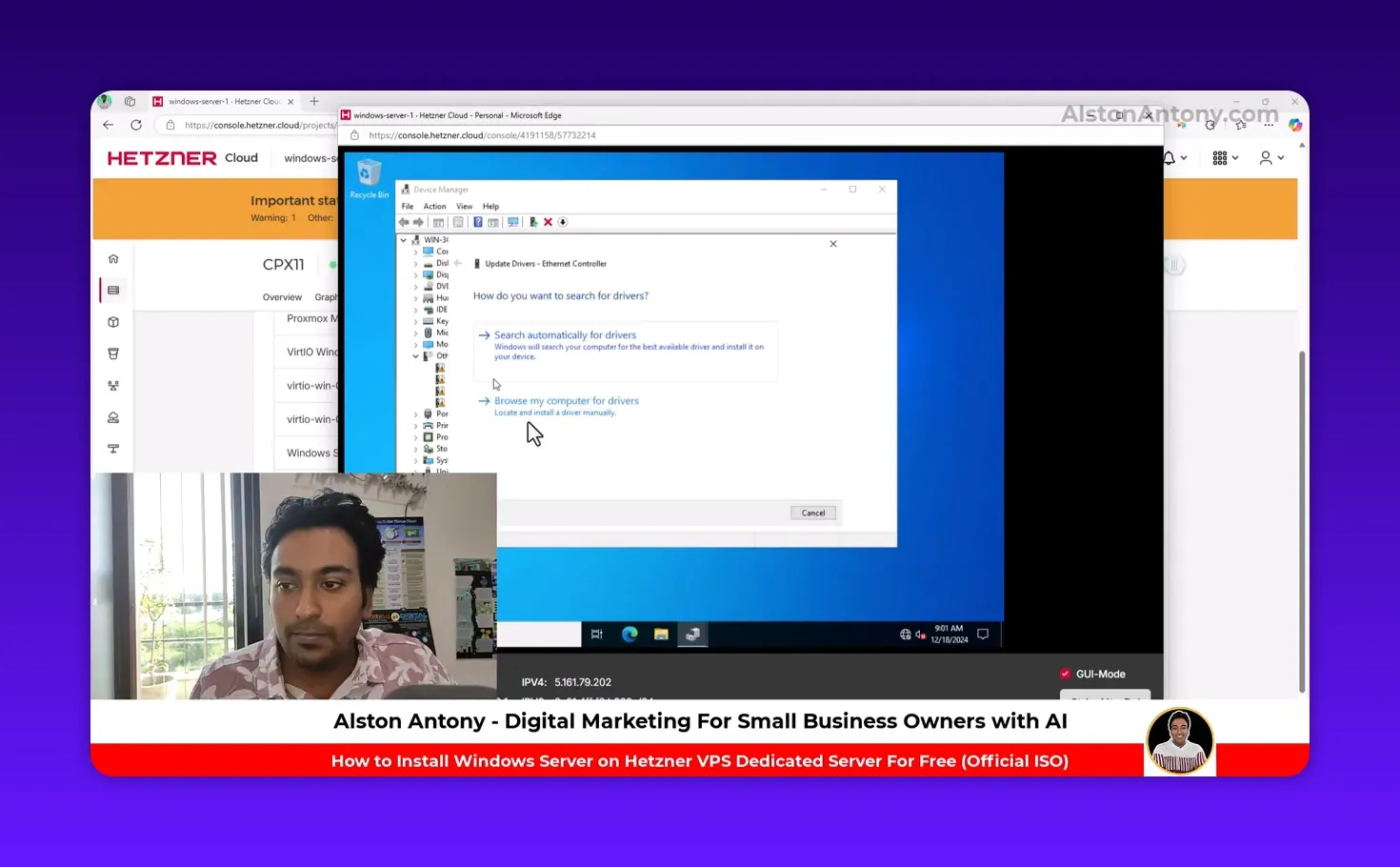 Windows 'Update Drivers' dialog showing options including 'Browse my computer for drivers' with a cursor pointing at it.
