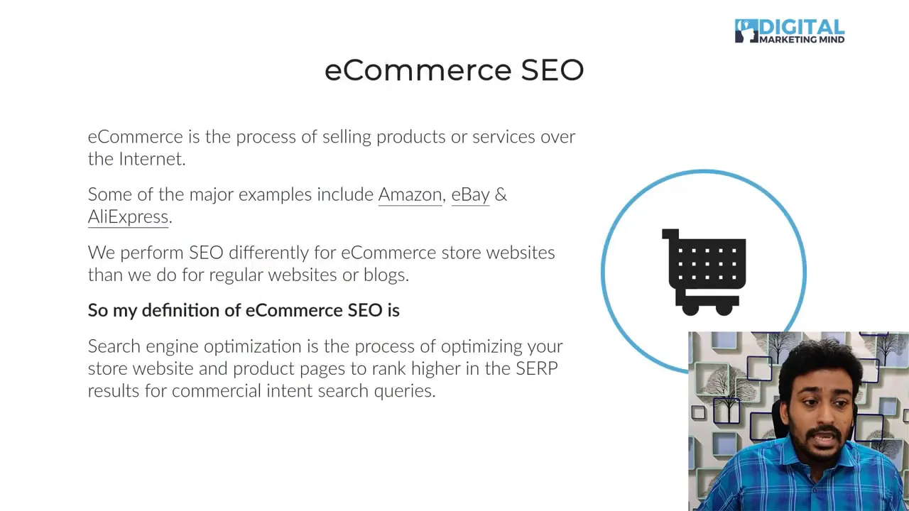 Presentation slide titled 'eCommerce SEO' with explanatory text, shopping-cart icon and a small presenter inset at the bottom-right.