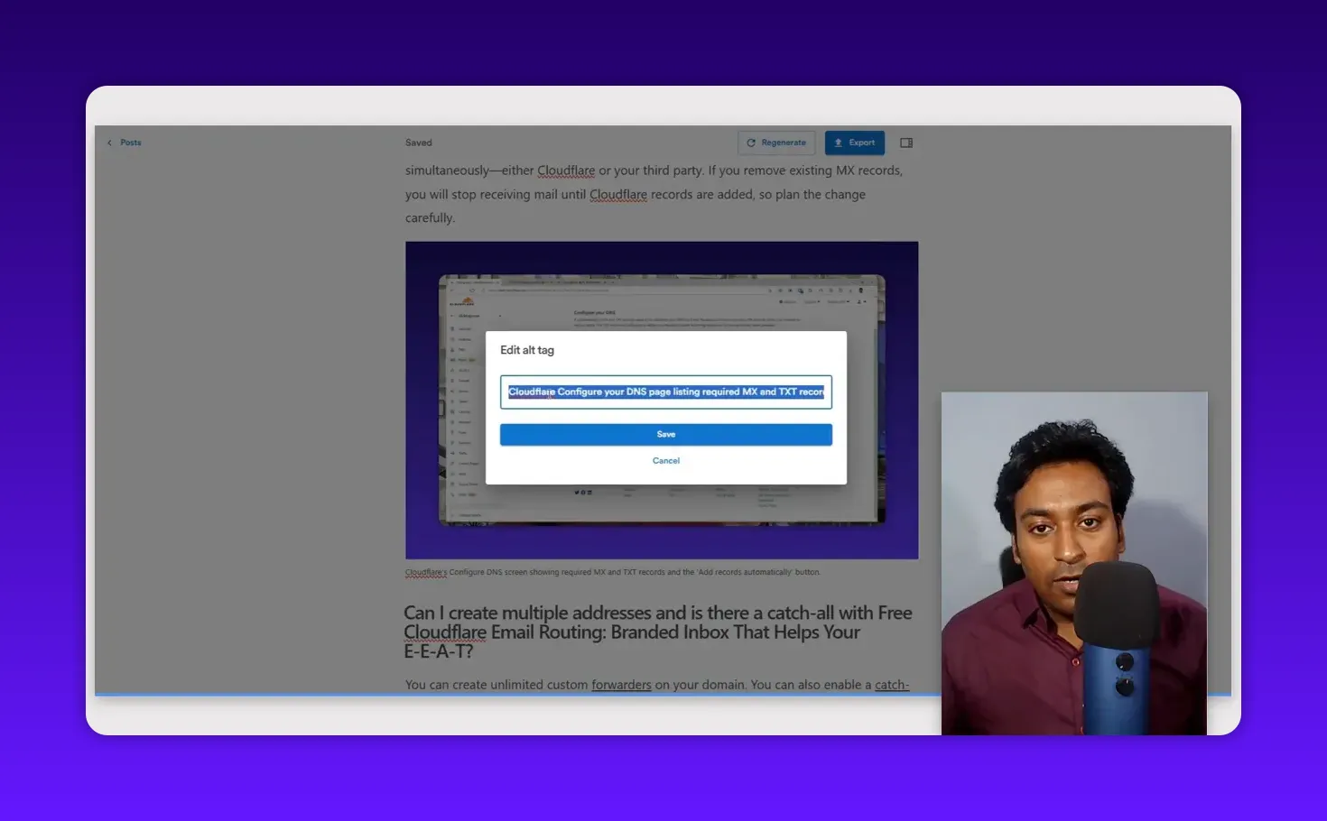 WordPress edit alt tag dialog open over an inserted screenshot, with the alt text highlighted and the presenter inset to the right