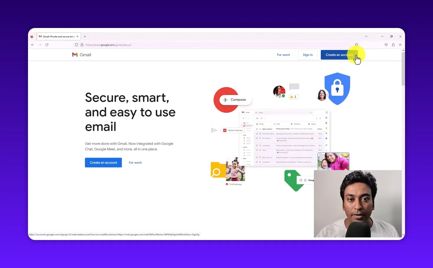 Gmail homepage with headline 'Secure, smart, and easy to use email' and the Create an account button visible in the header.
