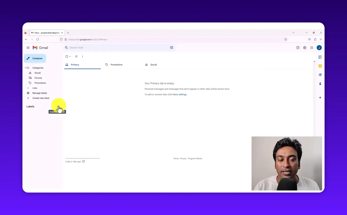 Gmail inbox showing the Compose button, expanded Categories and Labels area with a cursor hovering over 'Create new label' and the presenter visible in an inset.