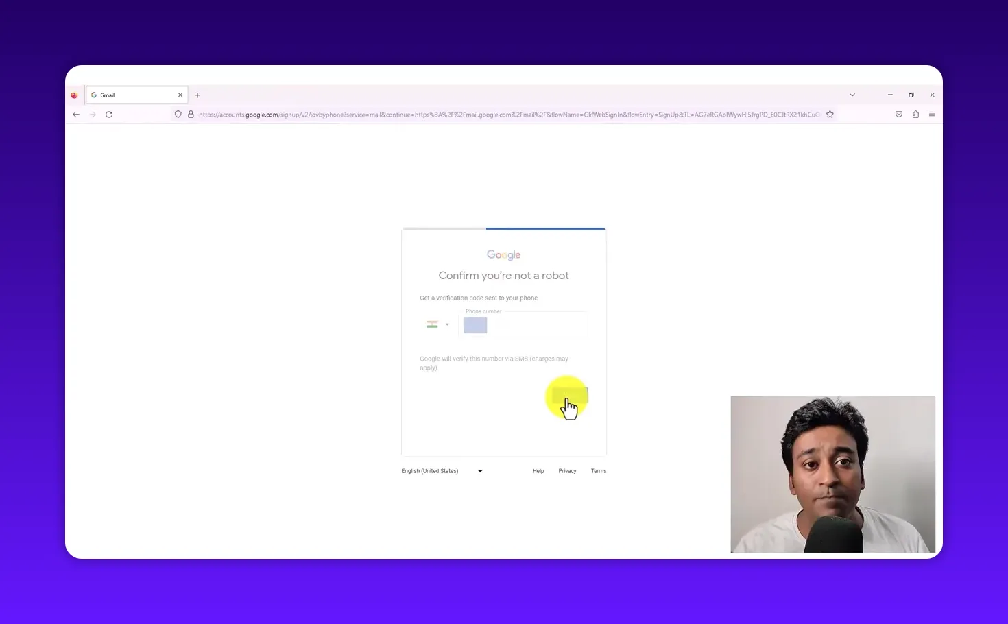 Gmail 'Confirm you're not a robot' screen with phone number field and Next button highlighted