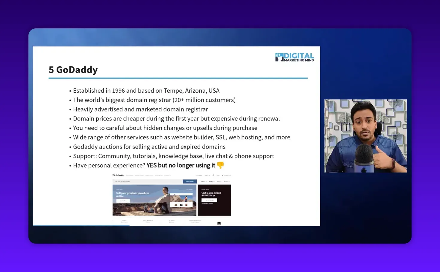 Presentation slide '5 GoDaddy' with clear bullet points about GoDaddy's size, first‑year pricing and upsells, and a presenter inset at the right.