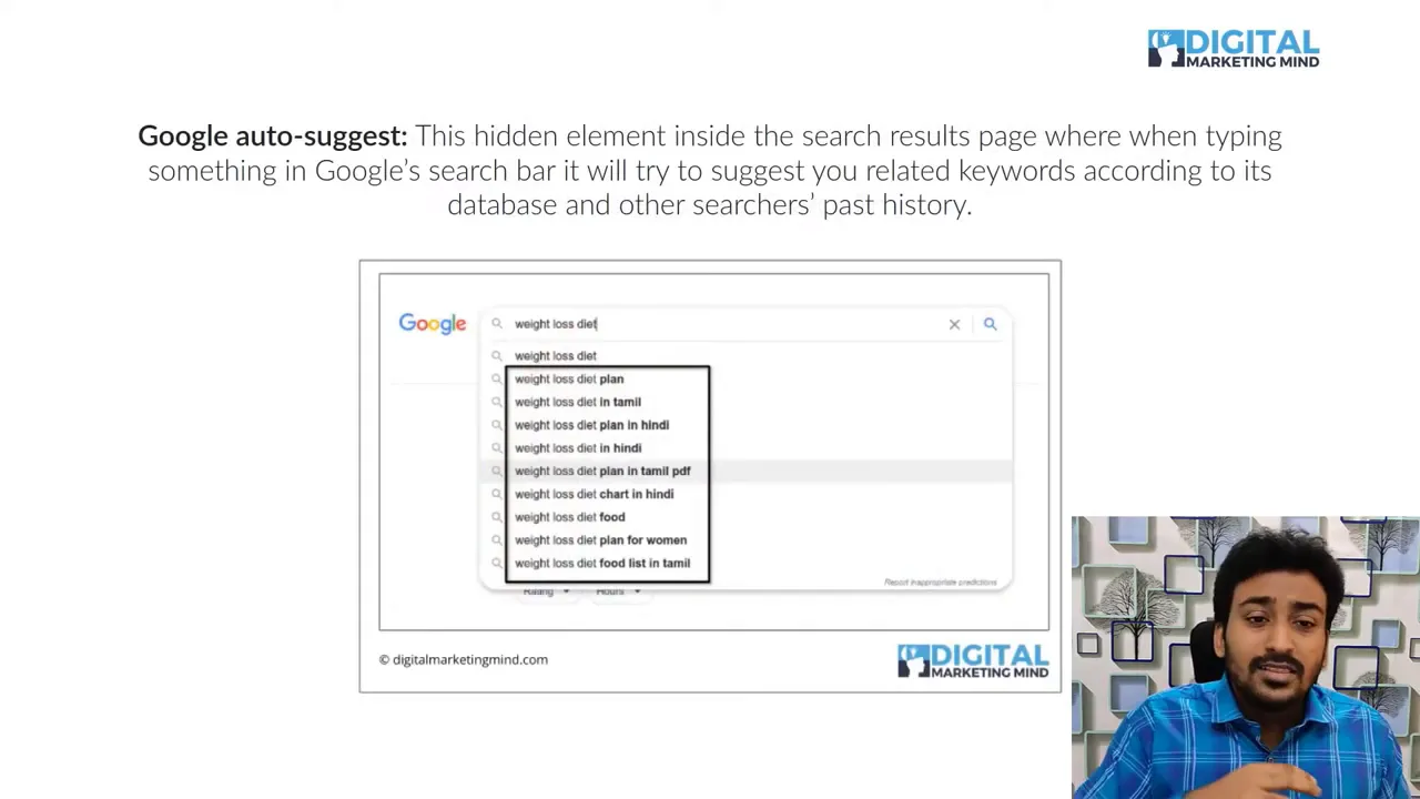 Slide showing Google auto-suggest with suggested queries in a dropdown and a small presenter inset