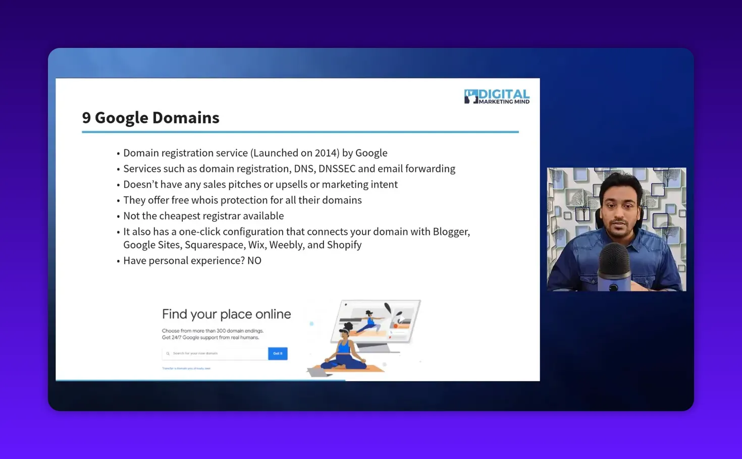 Readable presentation slide '9 Google Domains' describing registration, DNS and free WHOIS protection; presenter visible in a smaller inset at right so slide content remains clear.